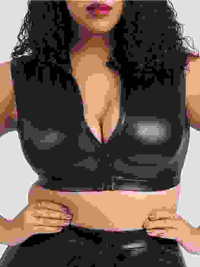 Lovehoney Plus Size Fierce Black Wet Look Zip-Up Crop Top, Black, hi-res